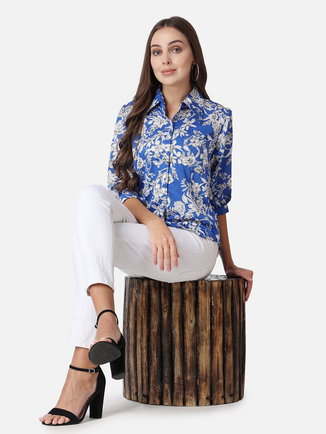 

MINOS Women Classic Spread Collar Floral Printed Crepe Casual Shirt, Blue