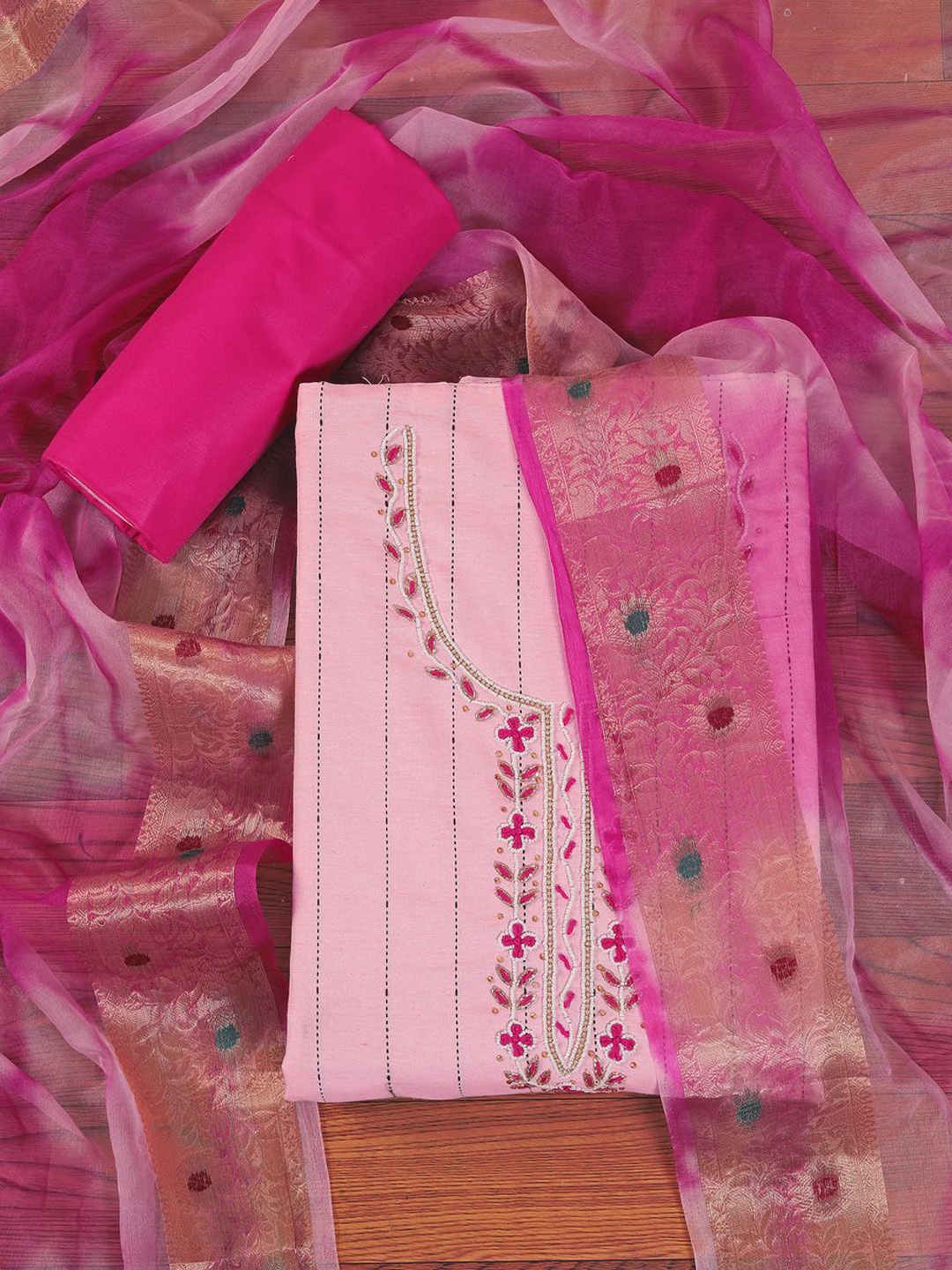 

Jaipur Kurti Cotton Blend Embellished Dress Material with Dupatta, Pink