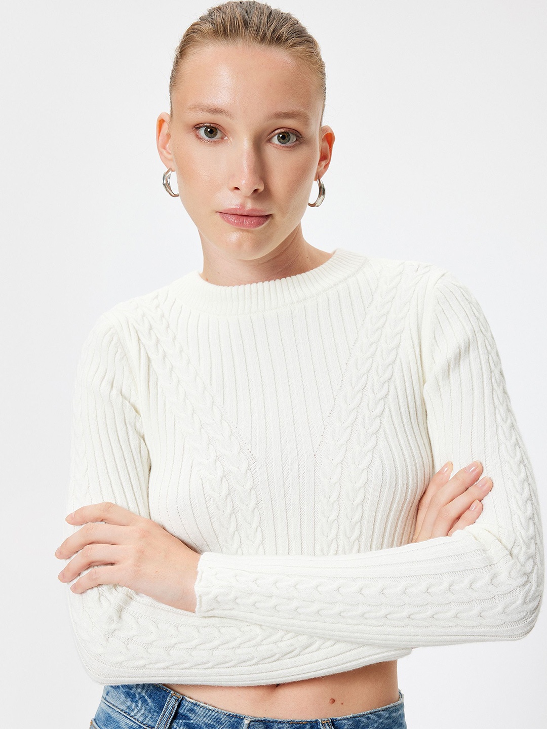 

Koton Women Cable Knit Crop Pullover Sweater, White