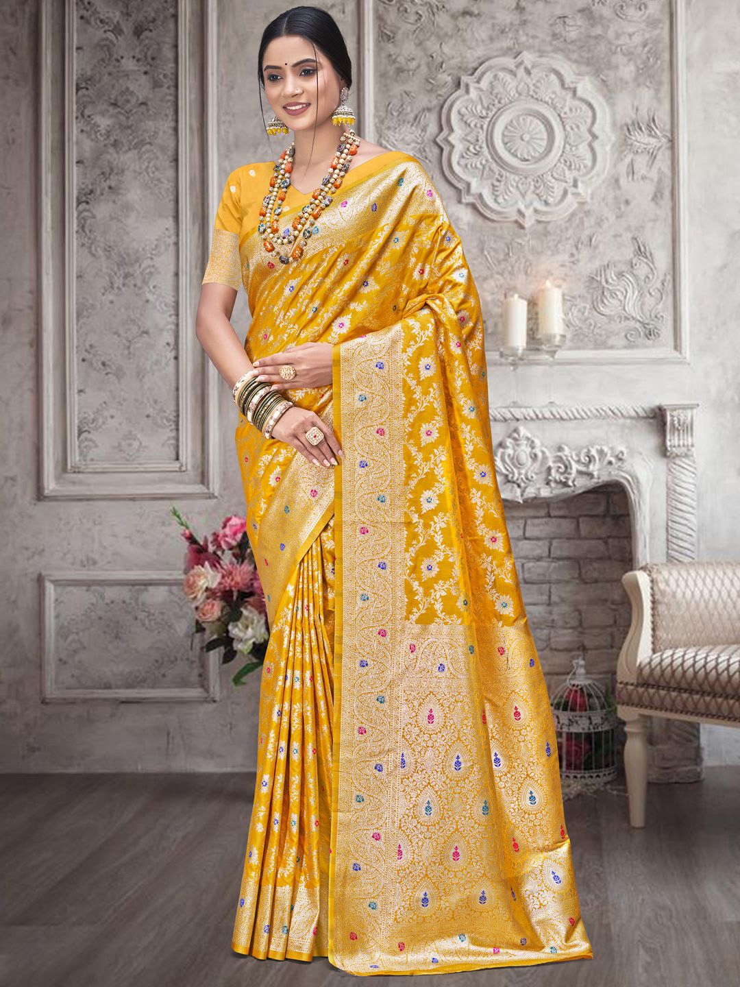 

SANGAM PRINTS Woven Design Tussar Saree With Zari Border, Yellow