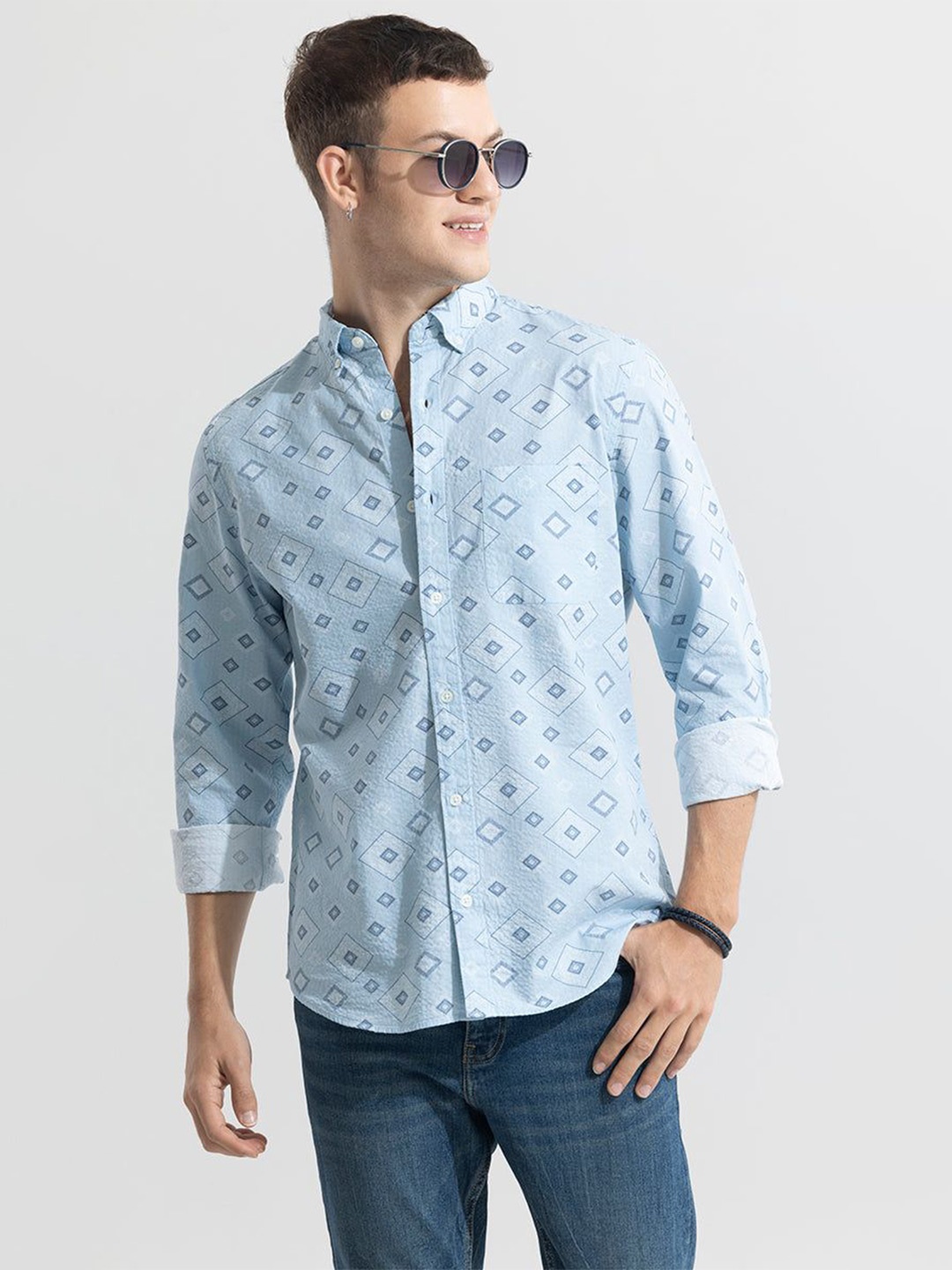 

Snitch Men New Button-Down Collar Geometric Printed Cotton Casual Shirt, Blue