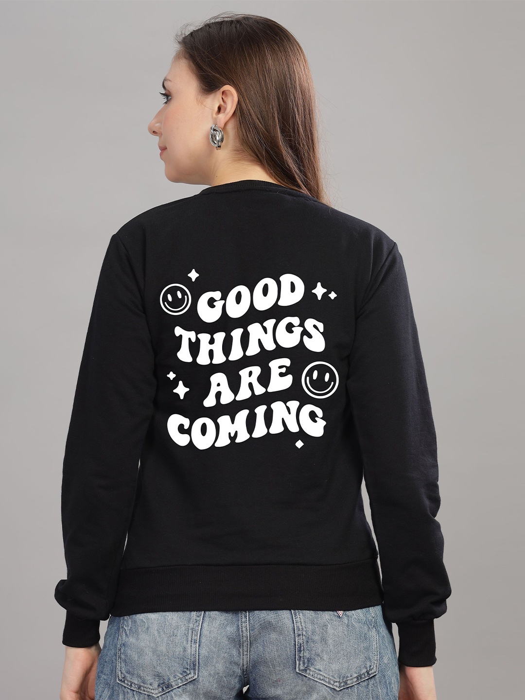 

FALTU.CO Women Typography Printed Round Neck Cotton Pullover Sweatshirt, Black