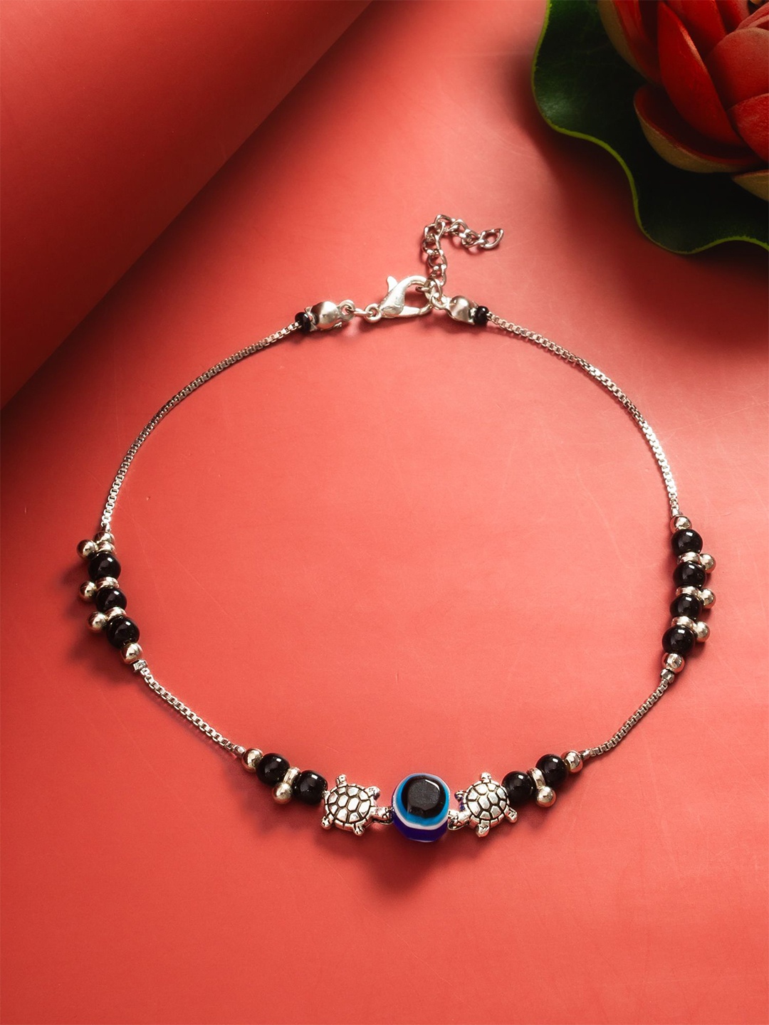 

aadita Evil Eye Beaded Silver Single Anklet