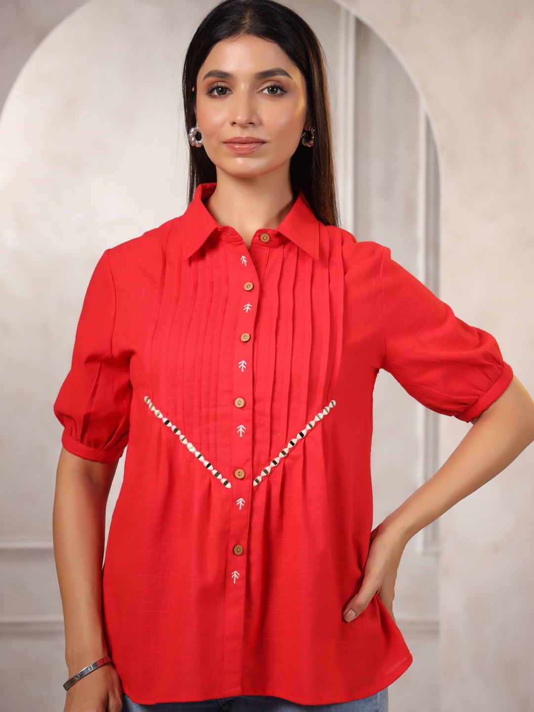 

LYFJ Women Solid Shirt Collar Cotton Top, Red