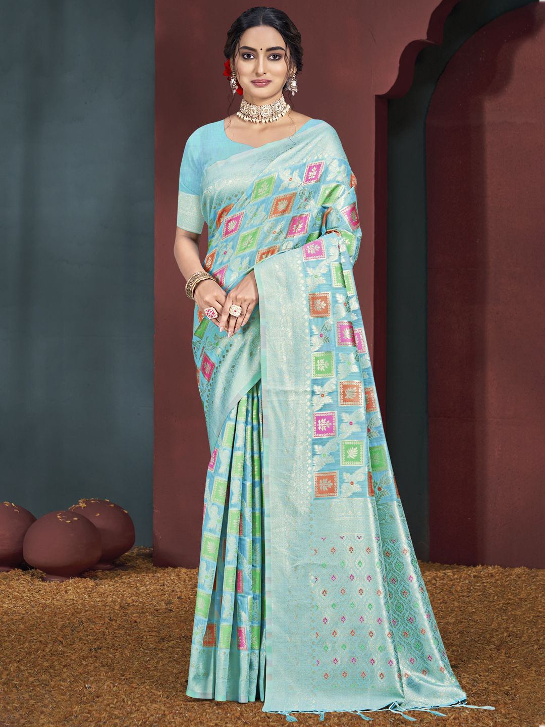 

SANGAM PRINTS Woven Design Zari Tussar Saree, Turquoise blue