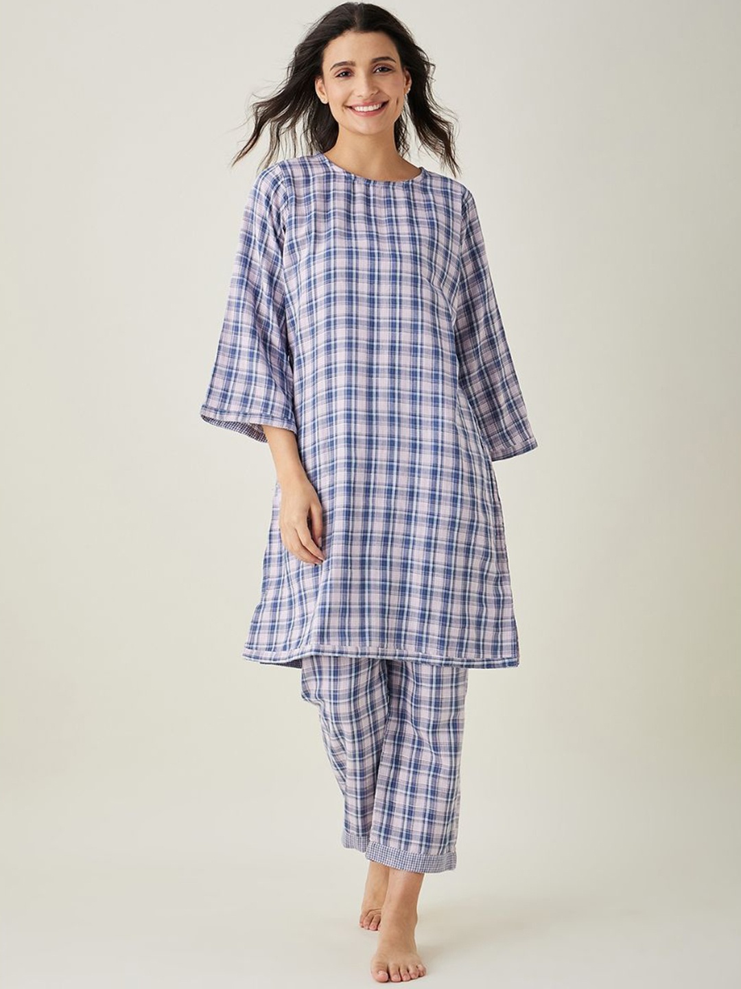 

The Kaftan Company Women Checked Night suit, Blue