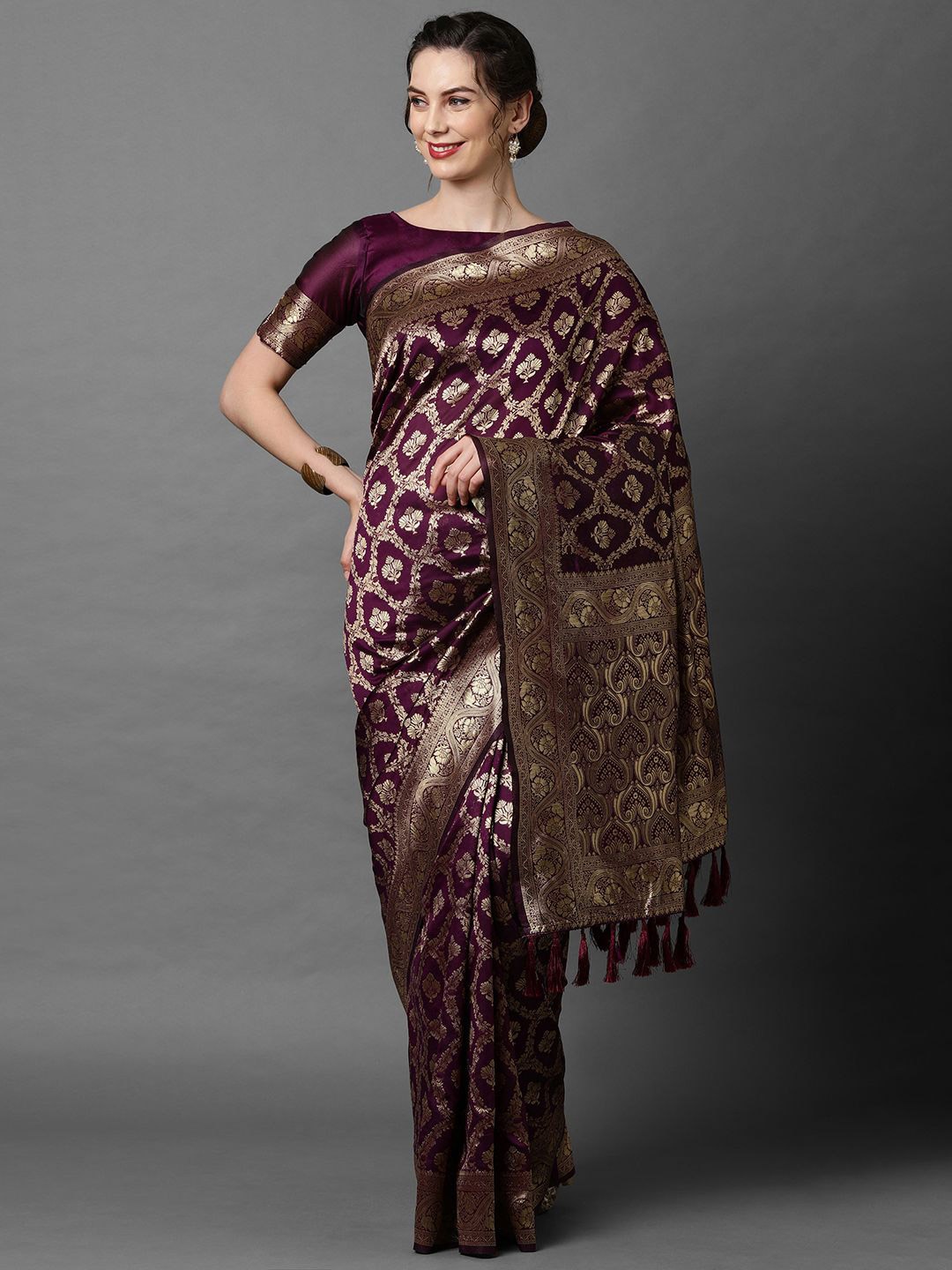 

KALINI Ethnic Motif Woven Design Zari Banarasi Saree, Purple