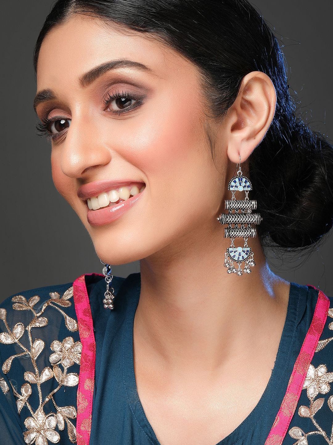 

Rubans Oxidized Silver-Plated Turquoise Blue Chandelier Earrings with Beaded Danglers