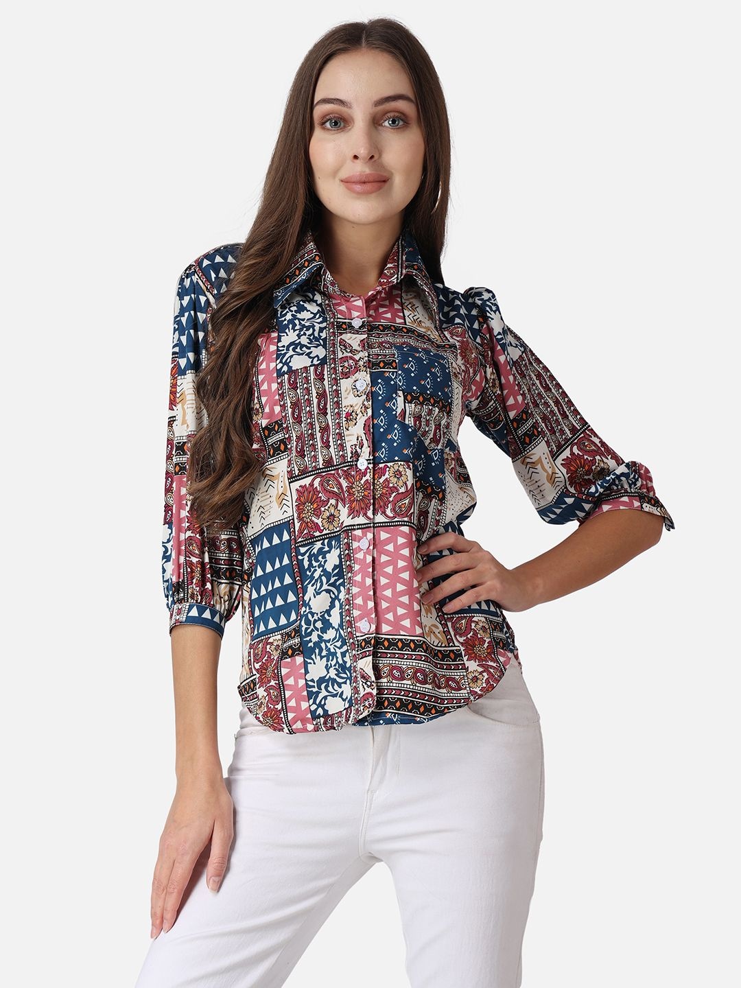 

MINOS Women Classic Spread Collar Abstract Printed Crepe Casual Shirt, Blue