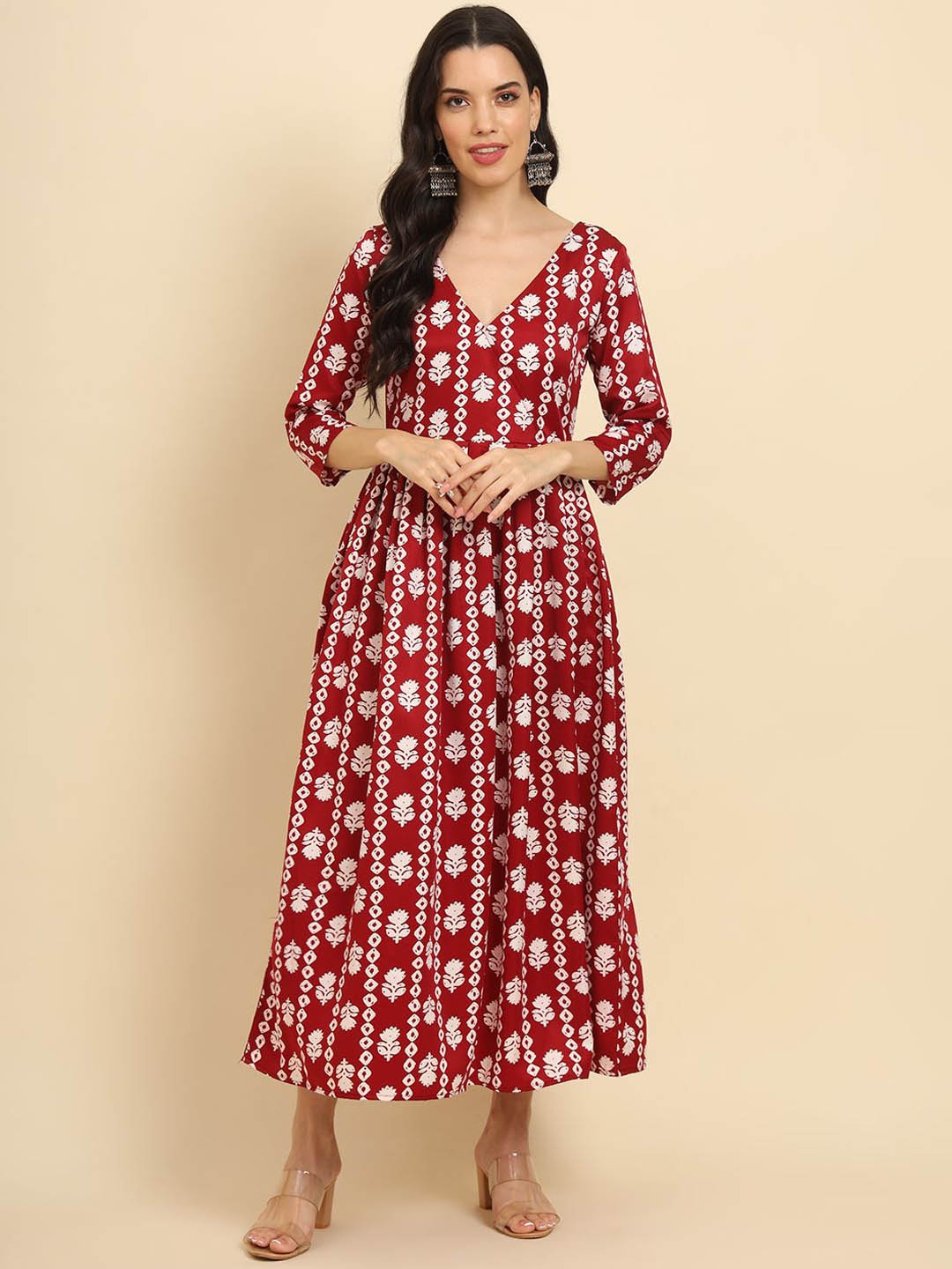 

DHAKRE FASHION Women Floral Printed Thread Work Anarkali Kurta, Red