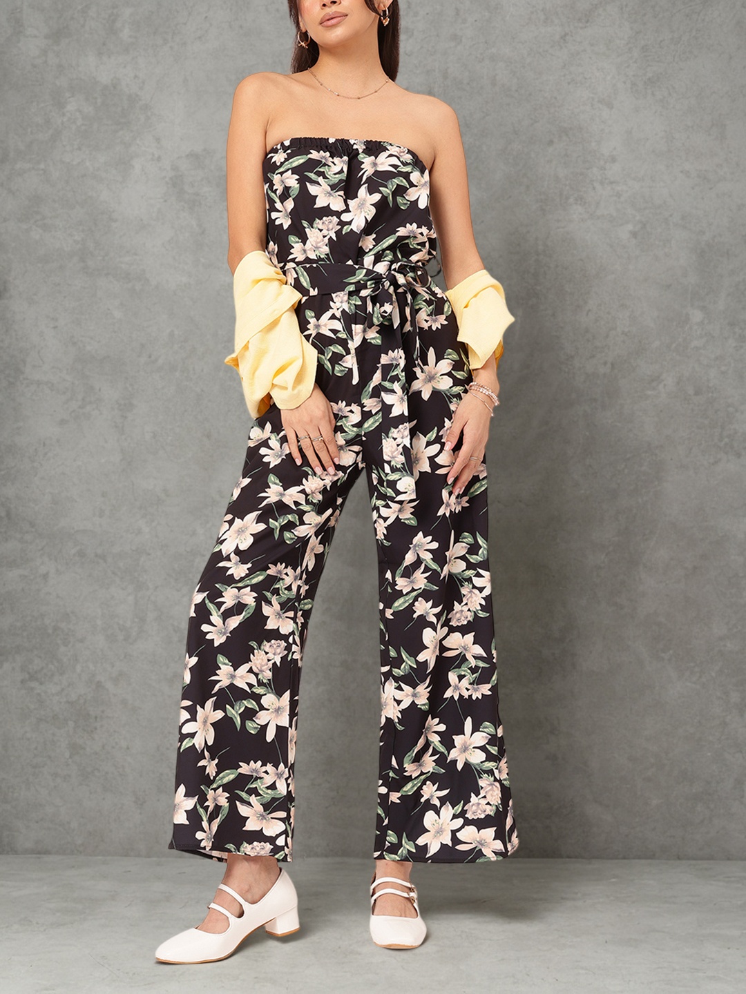 

DressBerry Floral Fiesta Printed Strapless Jumpsuit with Belt, Black