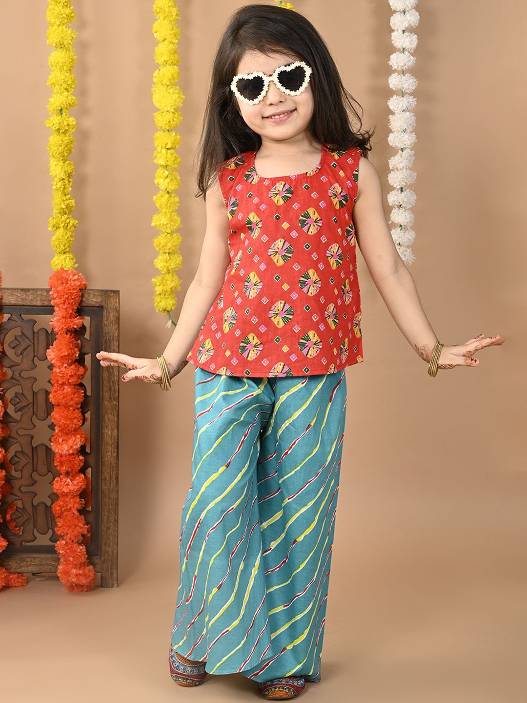 

Sangria Girls Printed Pure Cotton Top with Trousers, Red