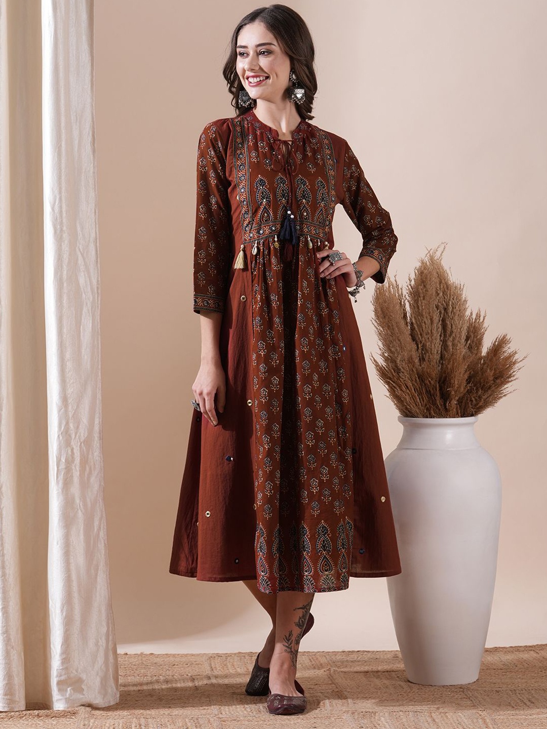 

FASHOR Block Printed Mirror Embroidered Tasseled Midi Dress, Brown