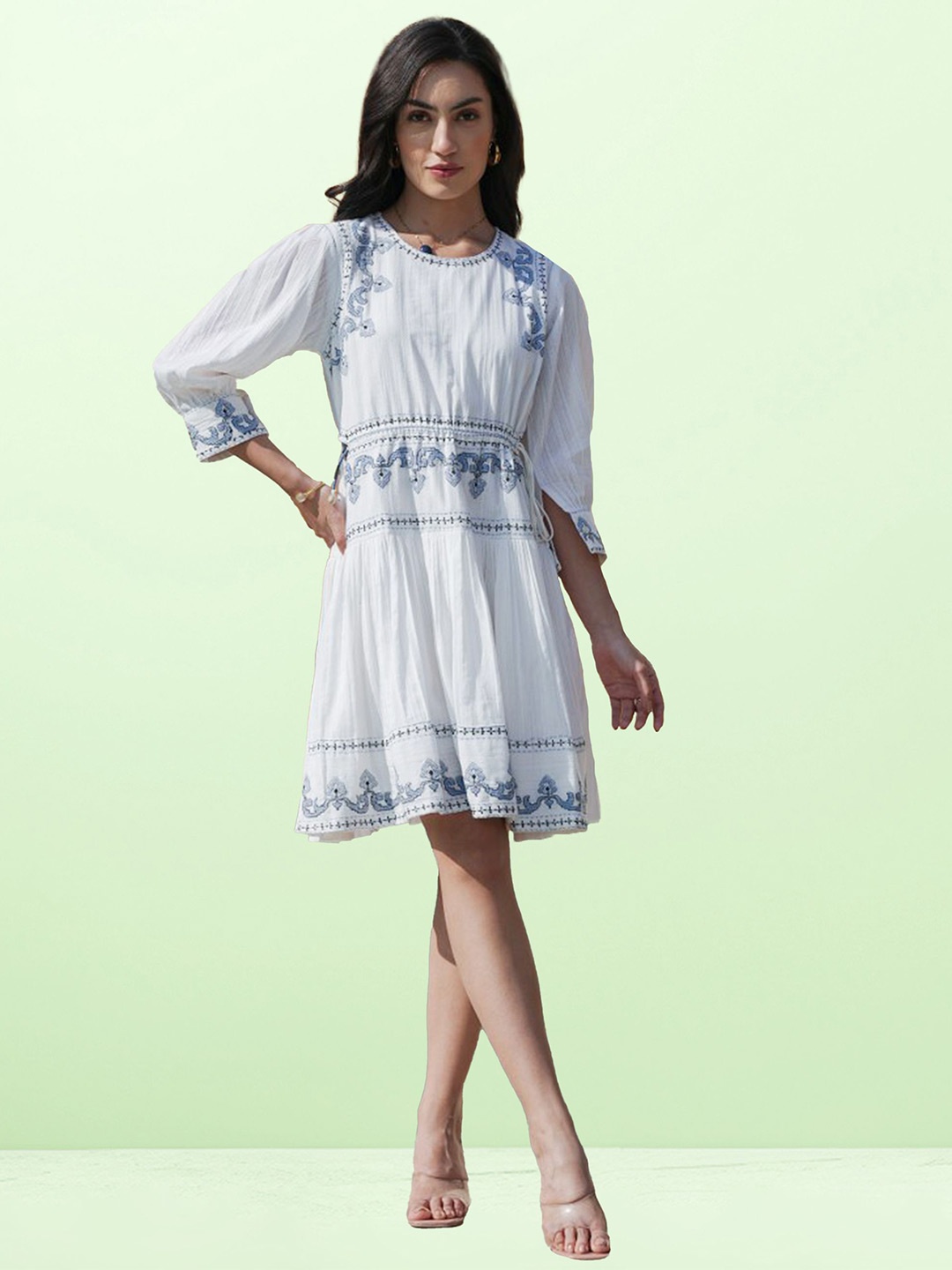 

CUSTARD Women Bohemian Embroidered Fit & Flare Dress, White