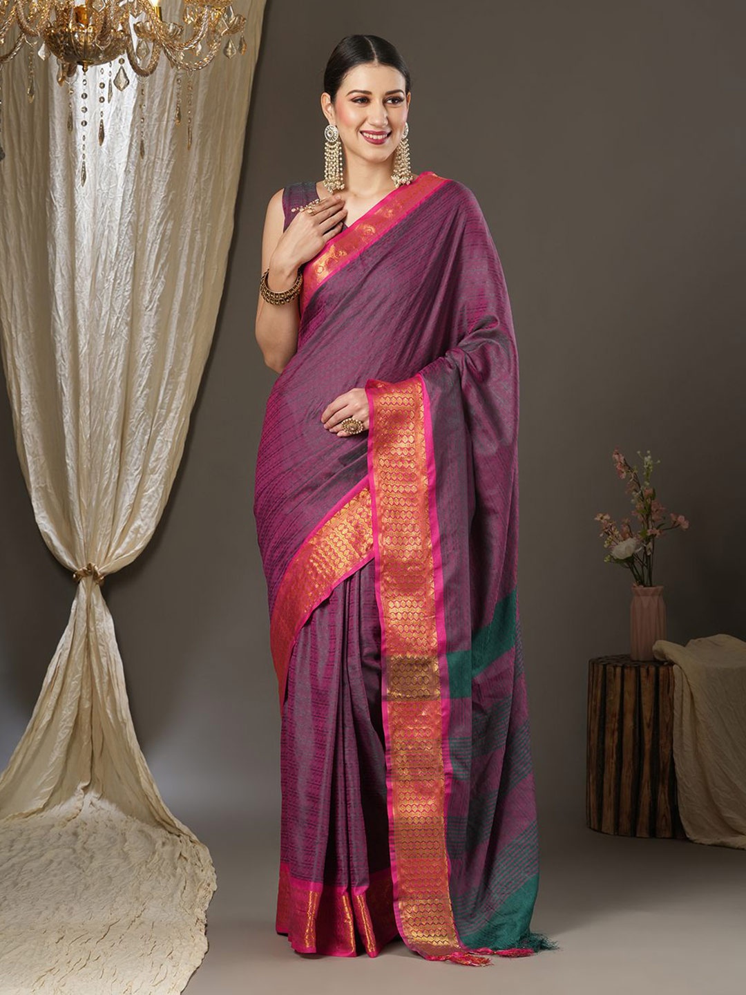 

KALINI Woven Design Zari Taant Saree, Burgundy