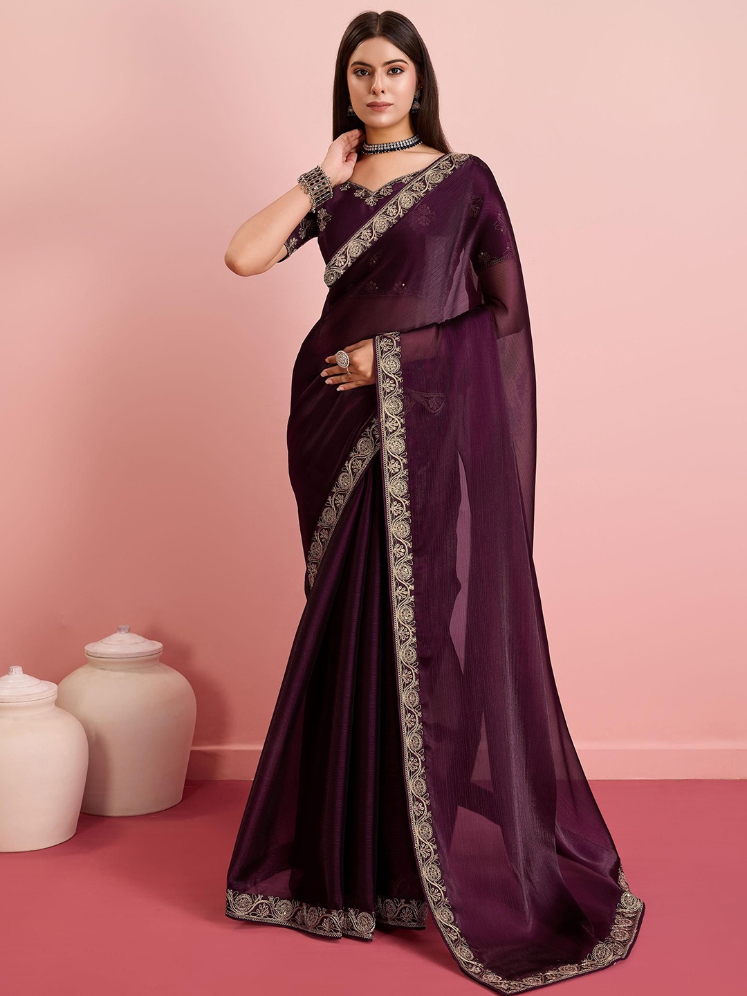 

VAIRAGEE Embroidered Ready to Wear Saree, Burgundy