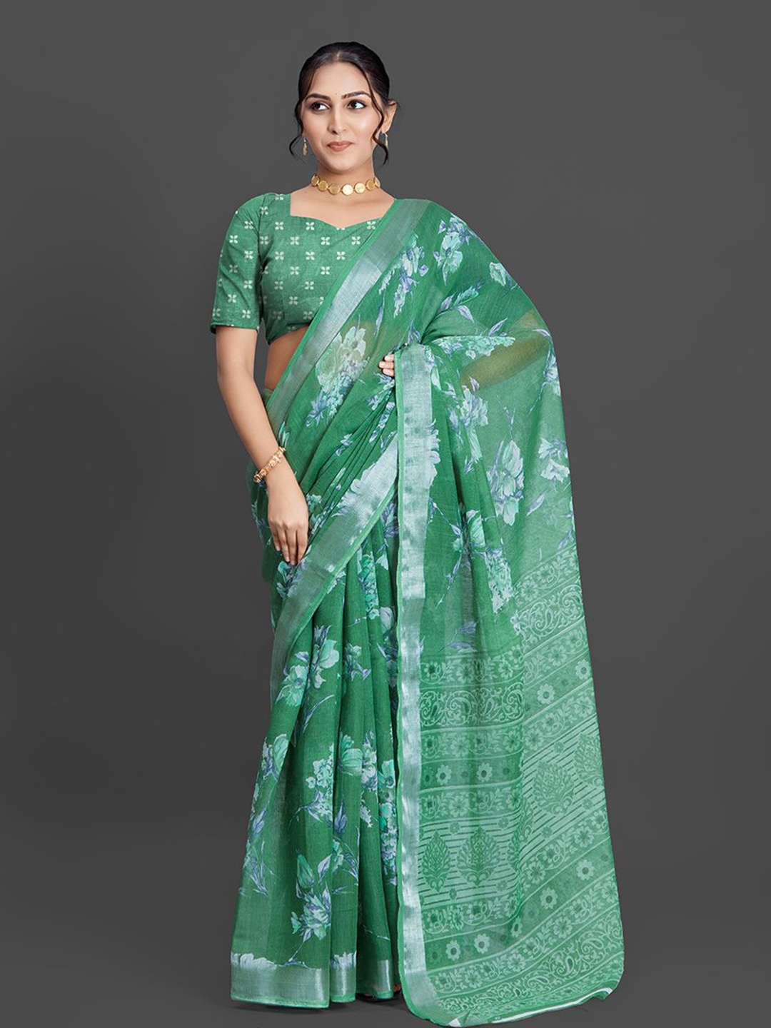 

NIRMAL CREATION Floral Printed Zari Saree, Green