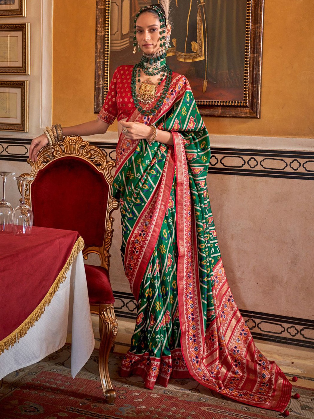 

Anouk Ethnic Motifs Zari Patola Saree, Green