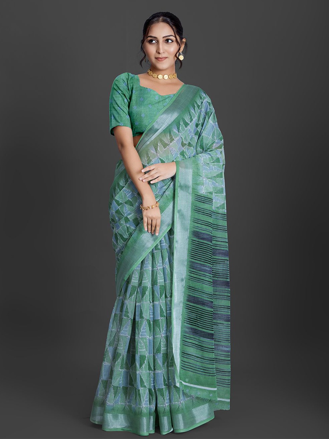 

NIRMAL CREATION Abstract Printed Zari Saree, Sea green