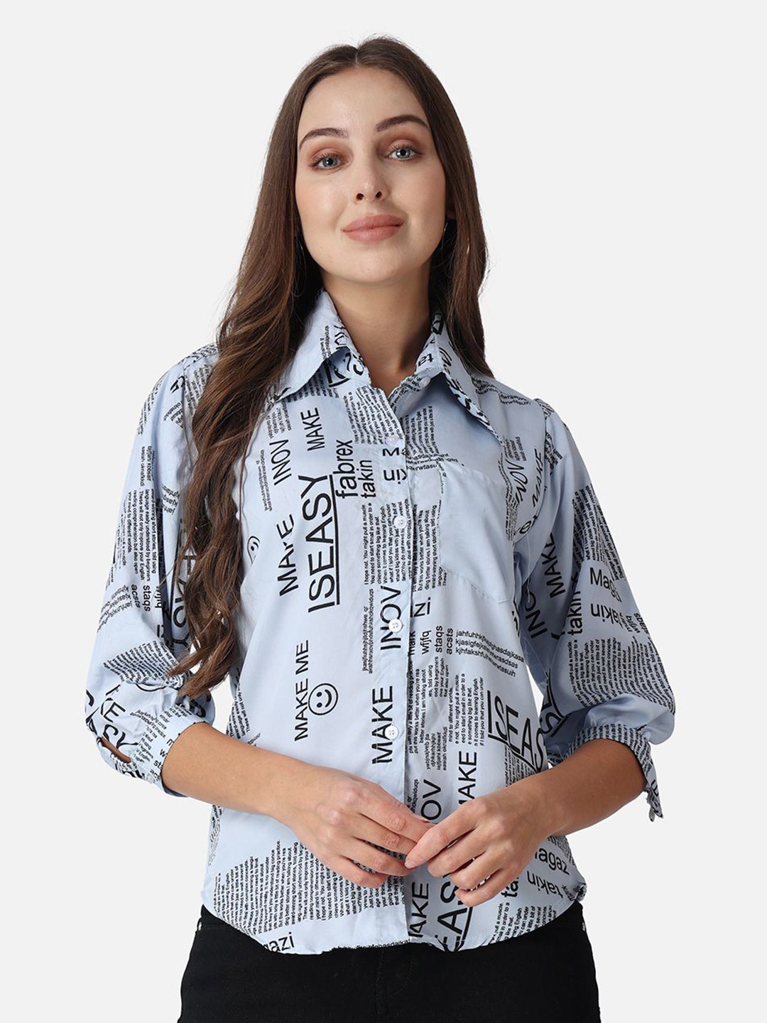 

MINOS Women Classic Spread Collar Typography Printed Crepe Casual Shirt, Blue