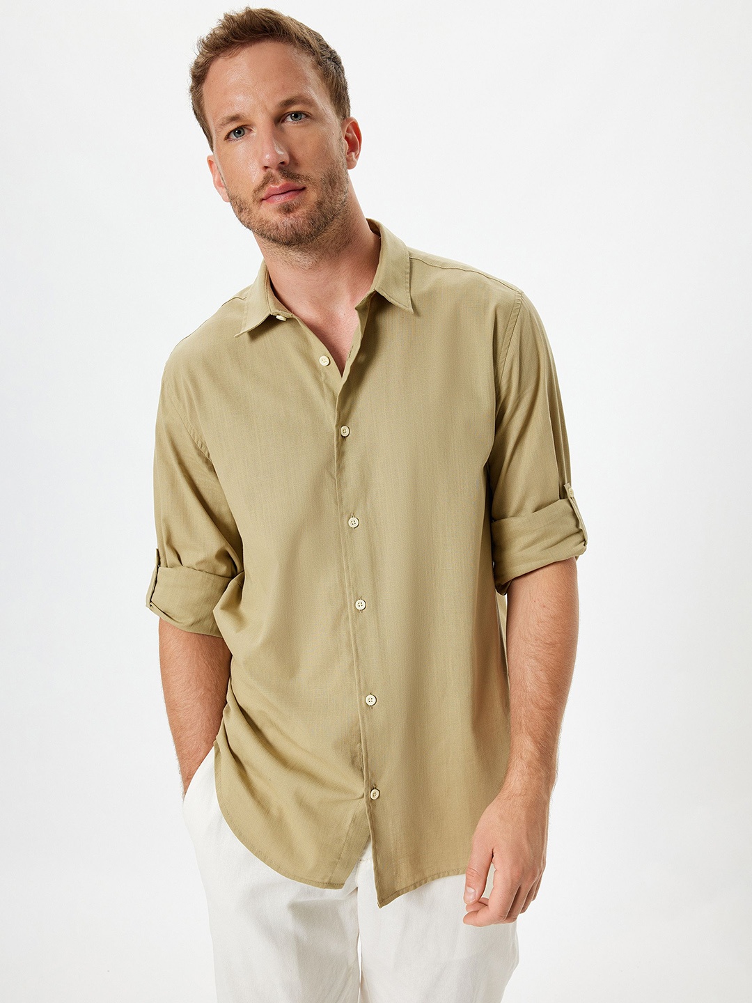 

Koton Men Spread Collar Solid Cotton Casual Shirt, Khaki