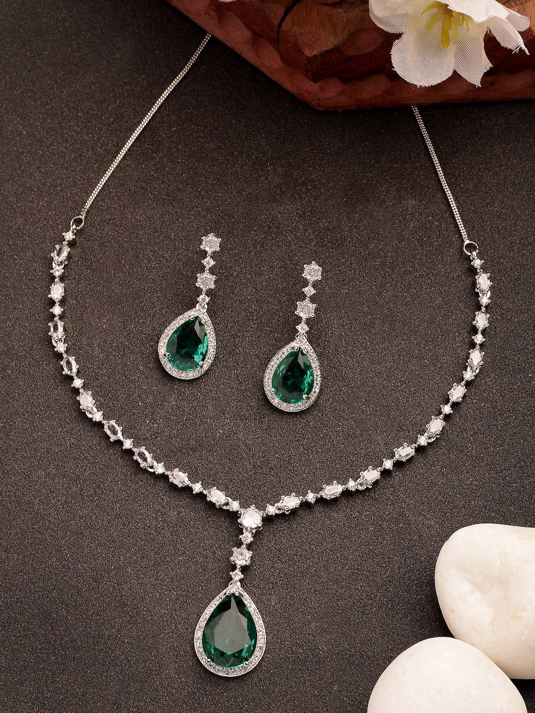 

NVR Silver-Plated American Diamond Stone Studded Jewellery Set
