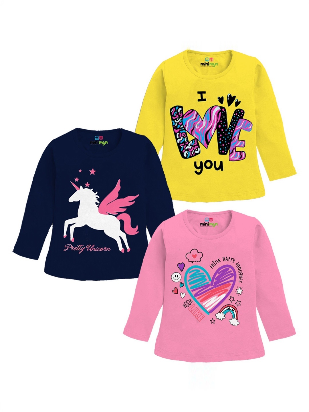 

MINI MYN Girls Pack Of 3 Graphic Printed Round Neck Cotton T-shirts, Pink