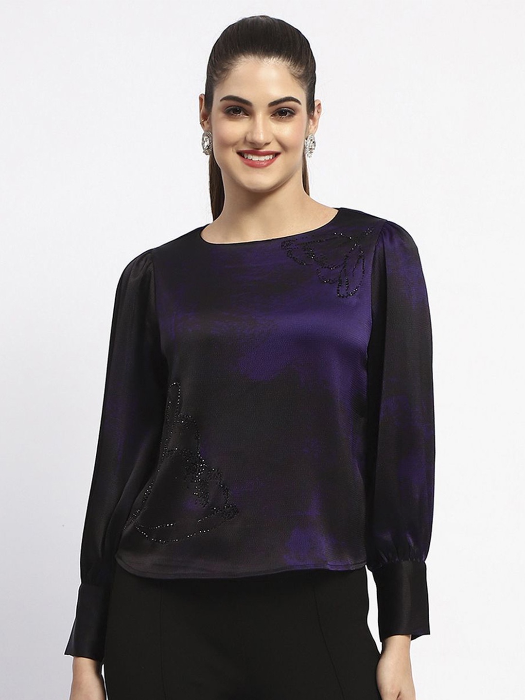 

Madame Women Embellished Round Neck Top, Navy blue