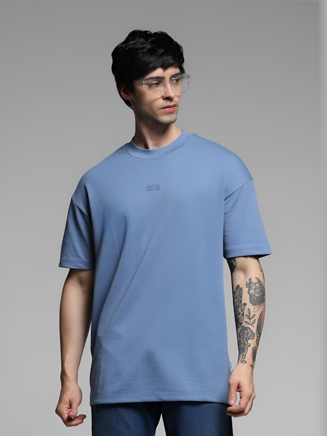 

Jack & Jones Men Solid Round Neck Cotton Oversized T-shirt, Blue