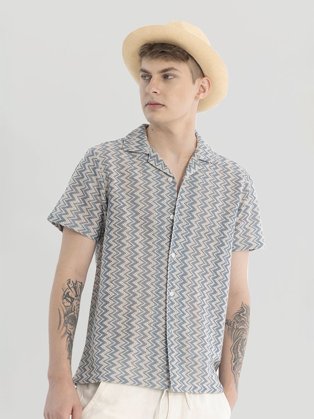 

Snitch Men Relaxed Cuban Collar Chevron Striped Casual Shirt, Beige