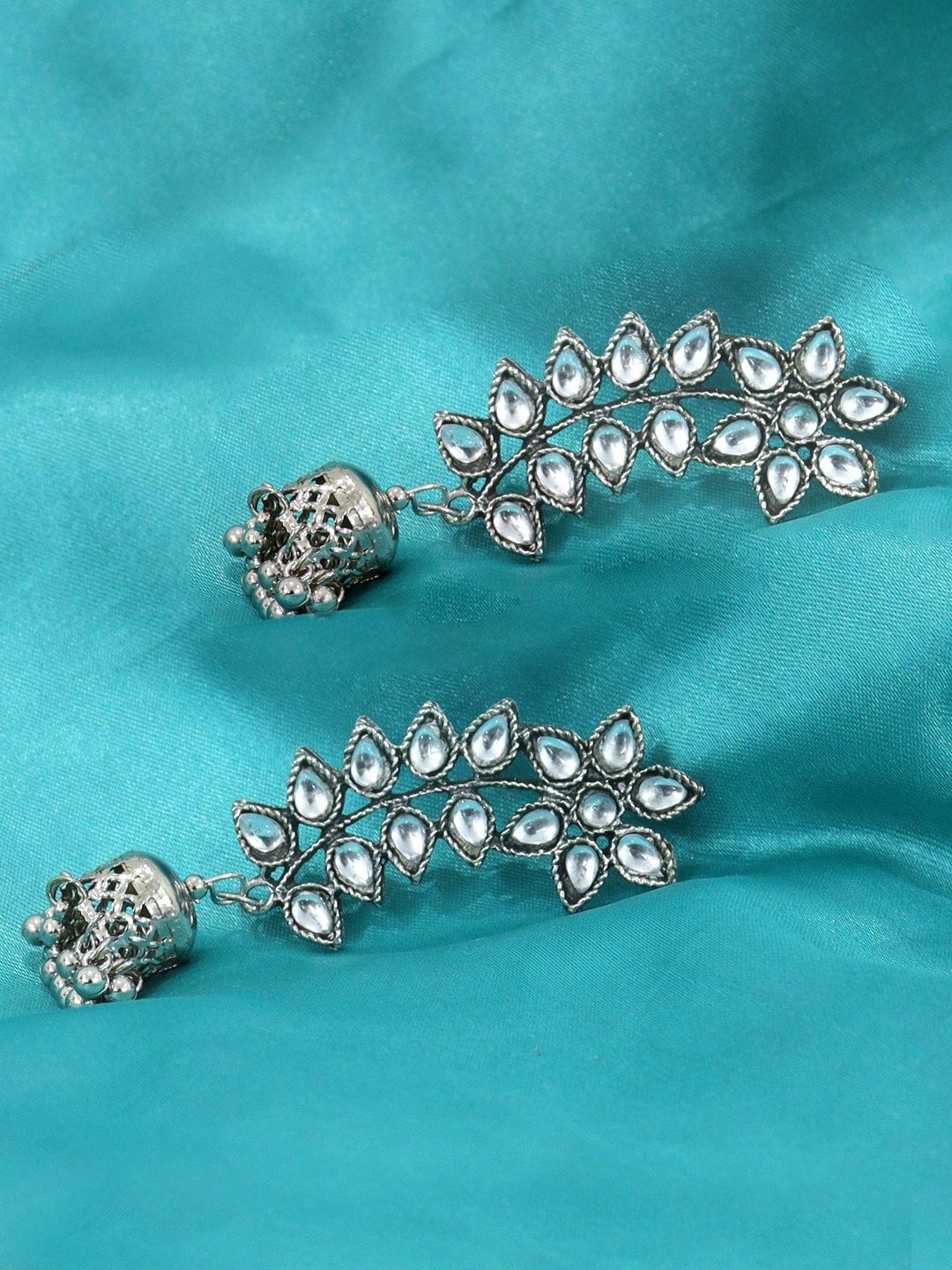 

KRENOZ Silver-Plated Stone Studded Floral Drop Earrings
