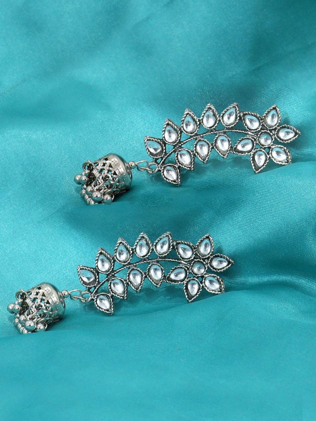 

Krelin Silver-Plated Stone Studded Dome Shaped Oxidised Drop Jhumkas