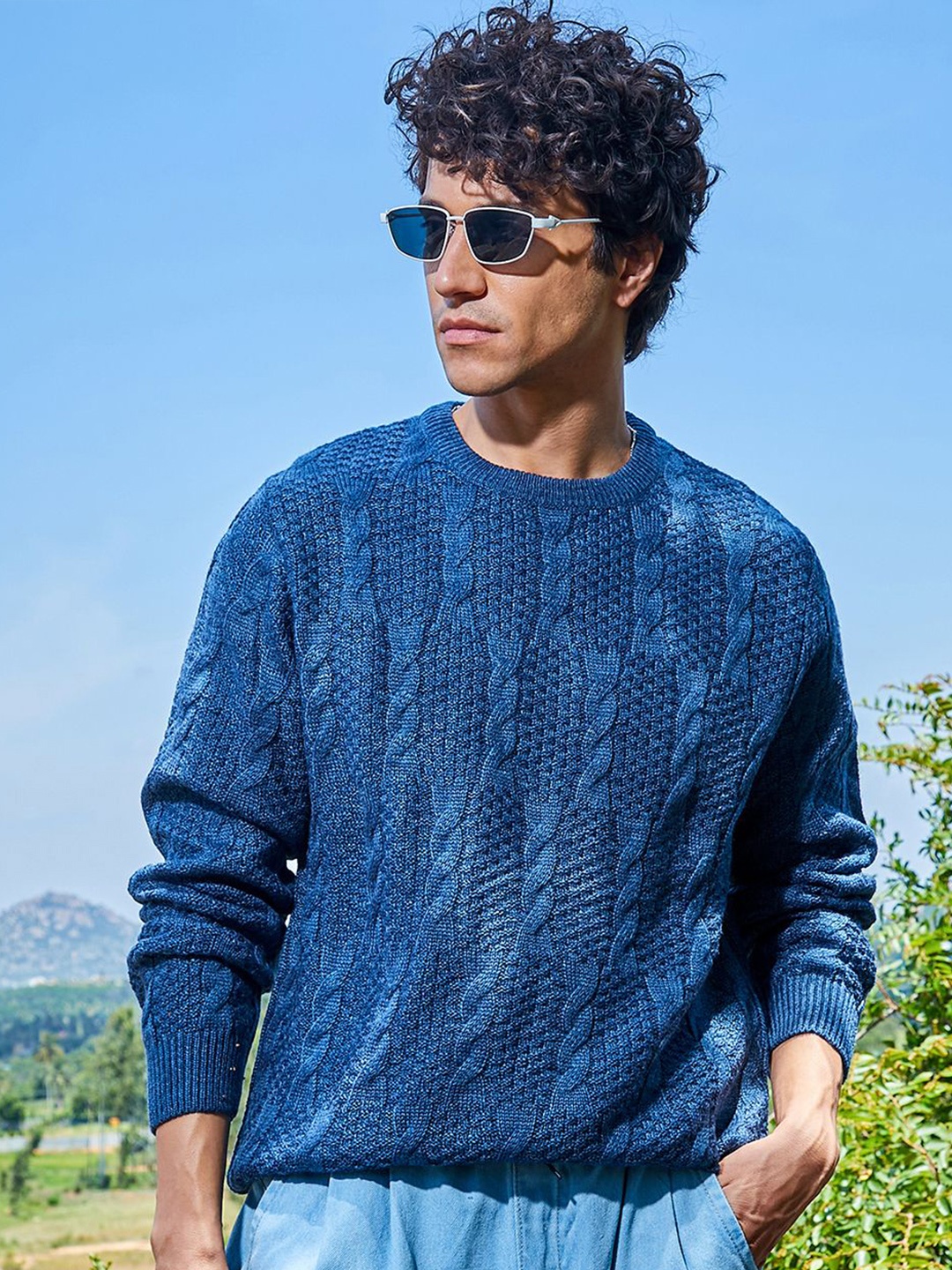 

Campus Sutra Men Cotton Self Design Cable Knit Pullover, Blue