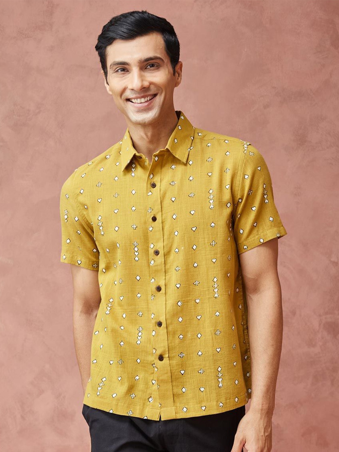 

Fabindia Men Spread Collar Ethnic Motifs Printed Cotton Casual Shirt, Mustard