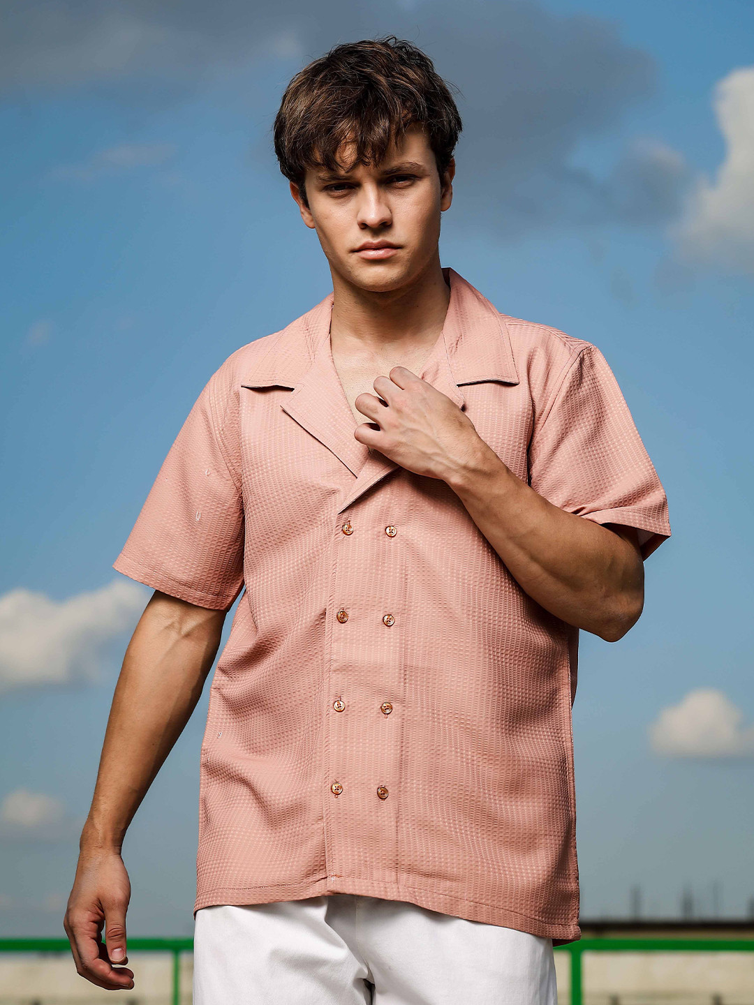 

House of Koala Unisex Textured Jacquard Notched Lapel Collar Relaxed Fit Resort Shirt, Peach