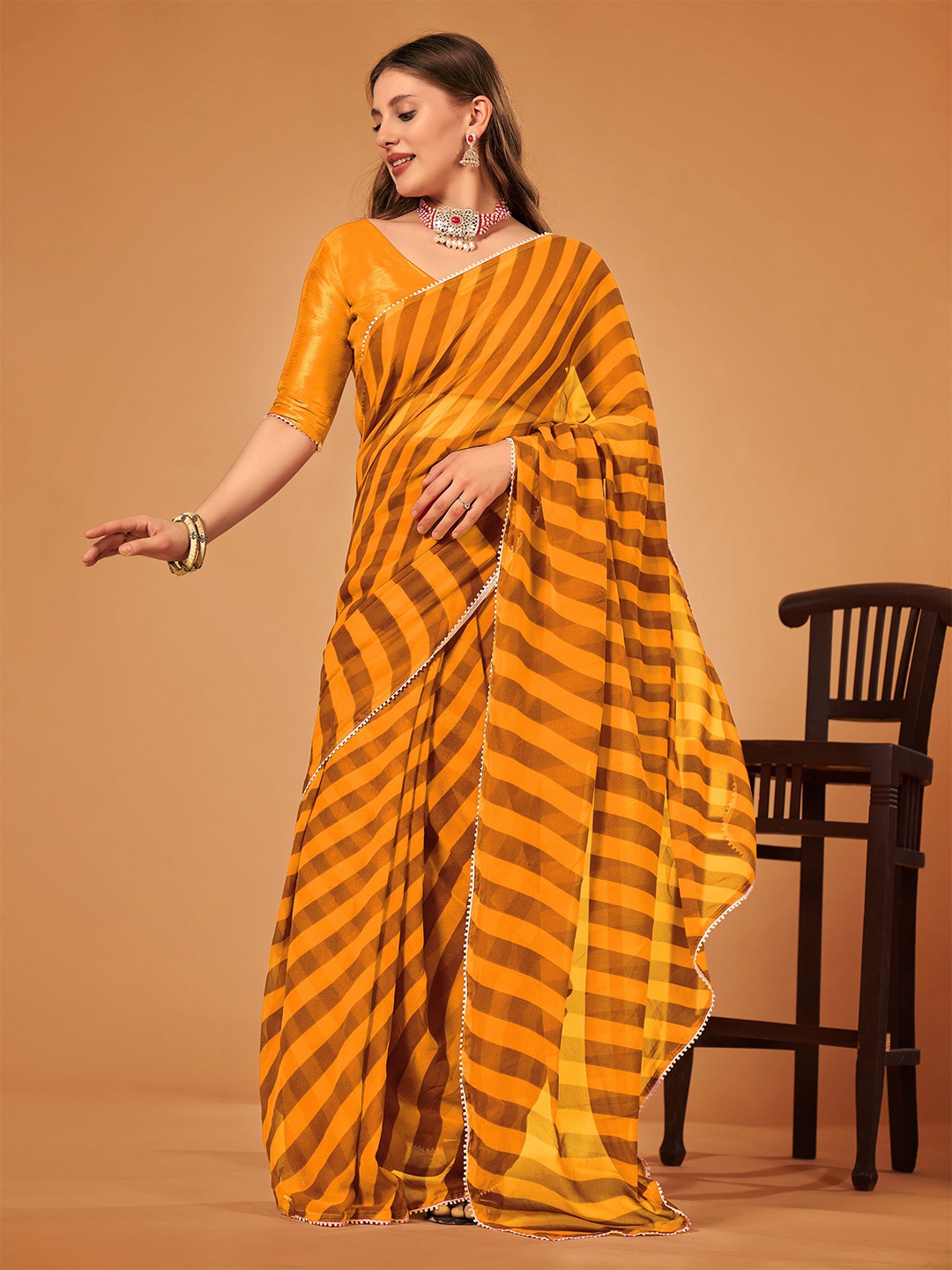 

limtd Leheriya Embroidered Pure Georgette Leheriya Saree, Mustard