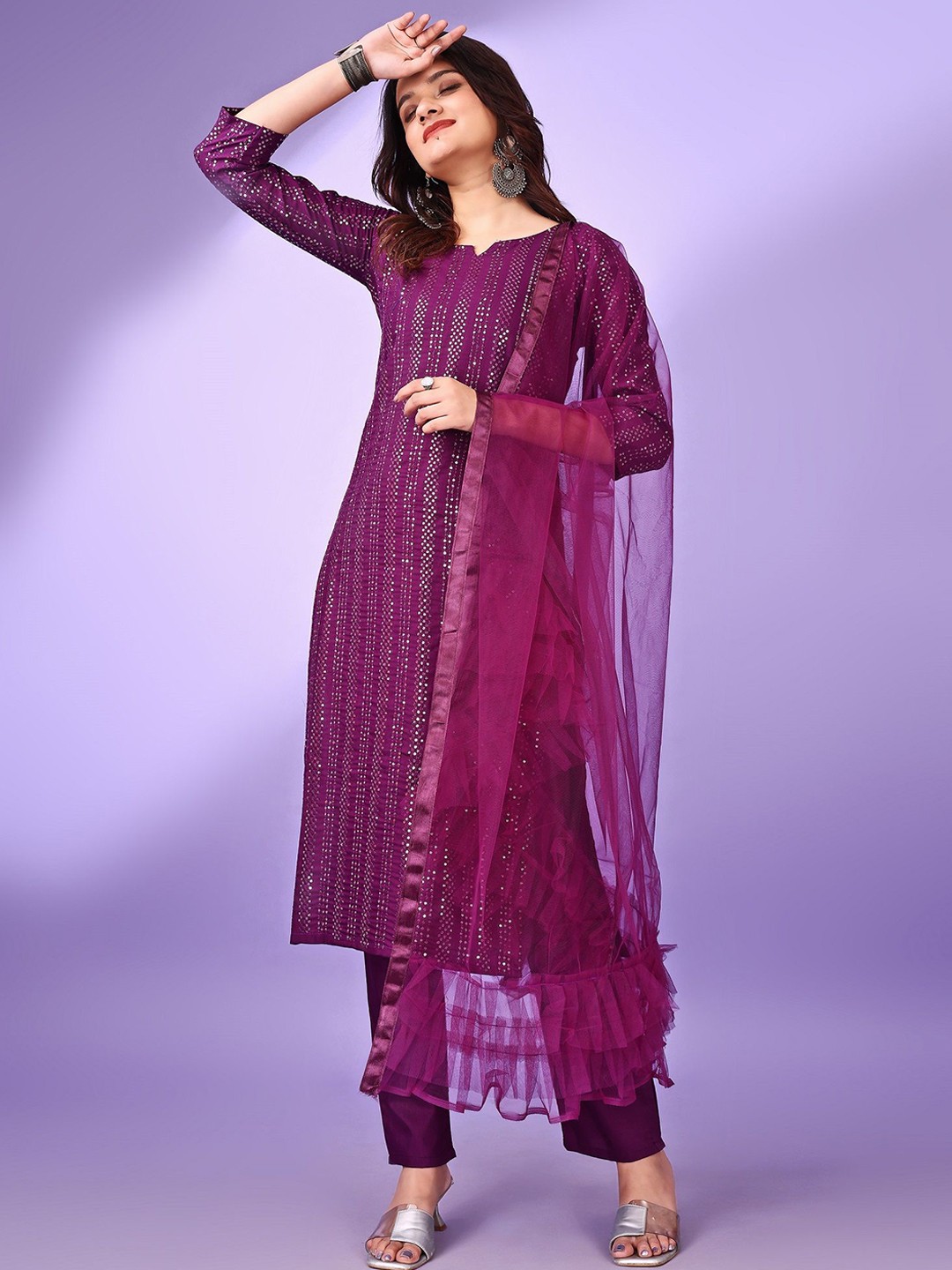 

CaniBani Women Embroidered Regular Sequinned Kurta with Trousers & With Dupatta, Magenta