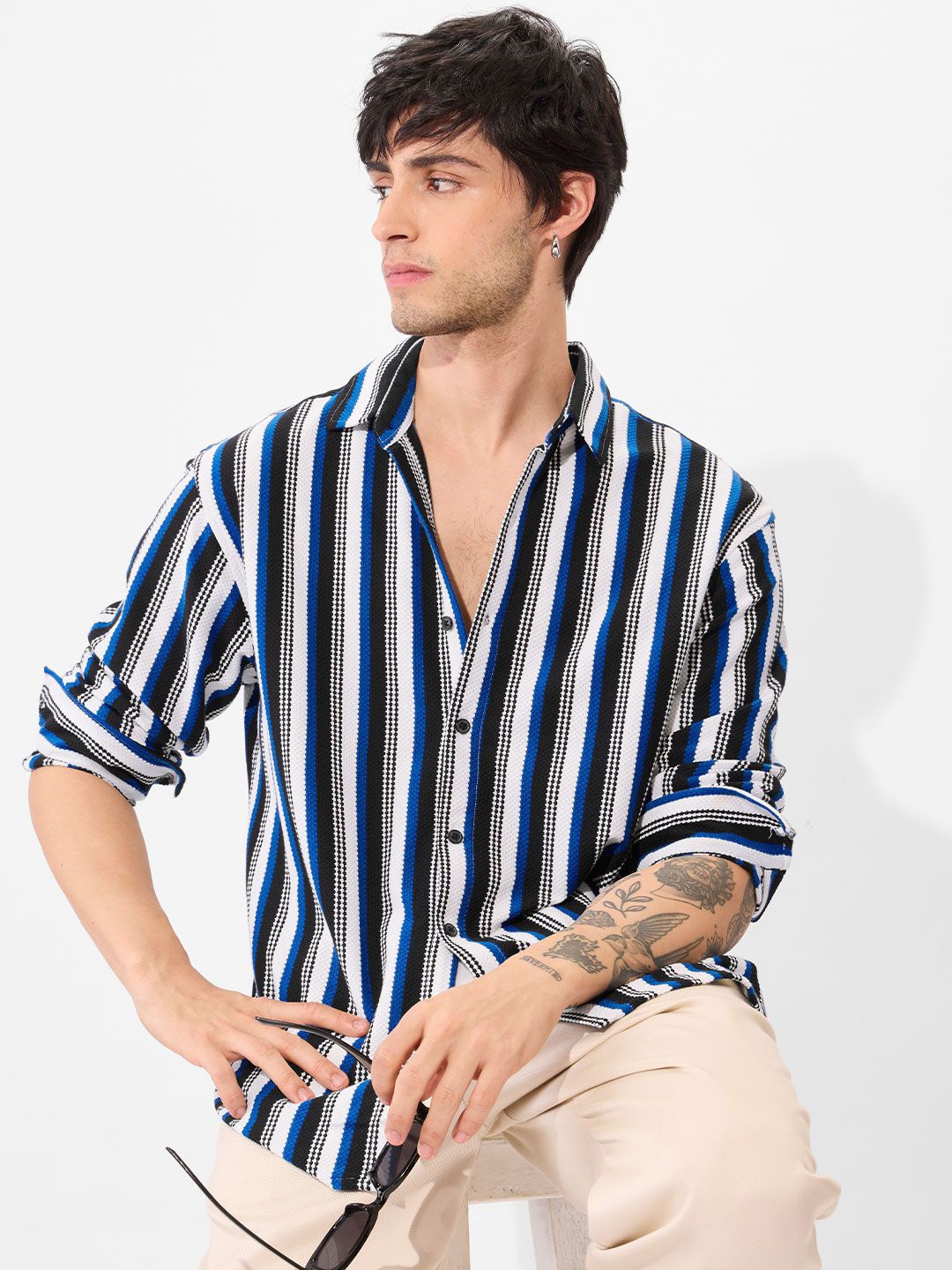 

The Souled Store Men Spread Collar Vertical Striped Cotton Casual Shirt, Blue