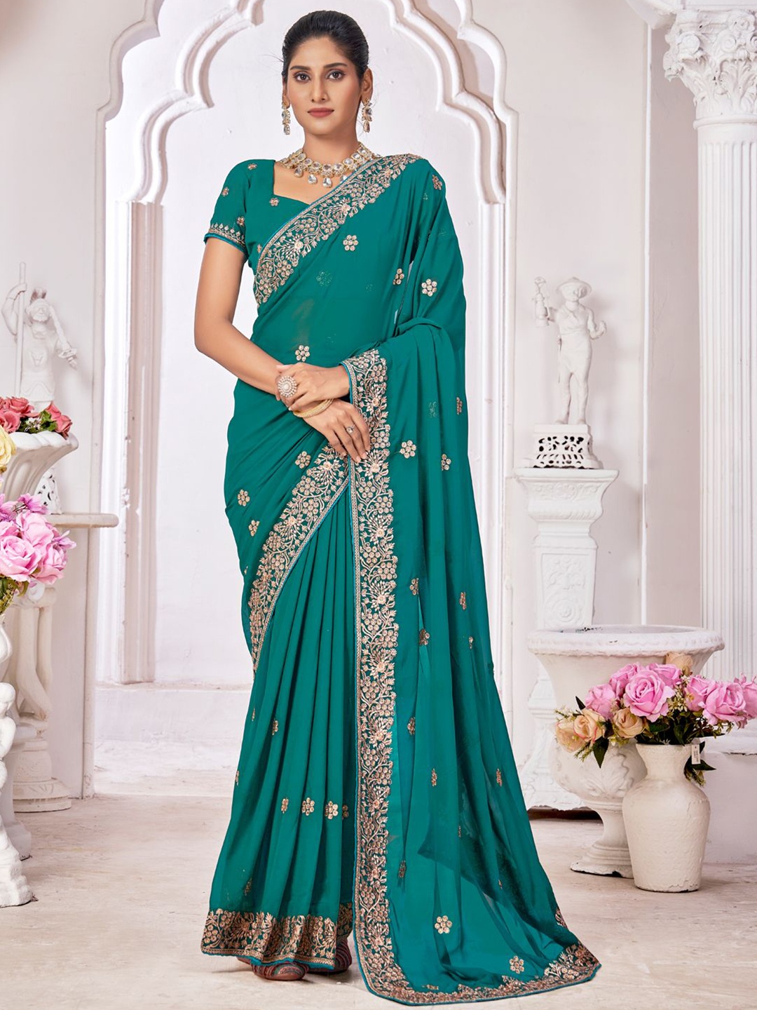 

Mitera Embellished Embroidered Saree, Teal