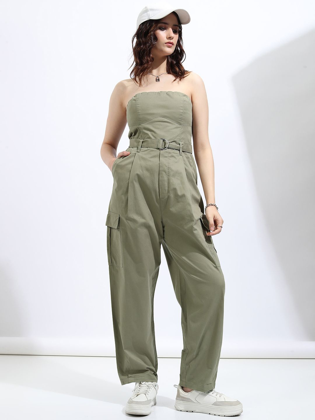 

Tokyo Talkies Women Solid Cotton Off-Shoulder Cargo Styles Basic Jumpsuit, Olive