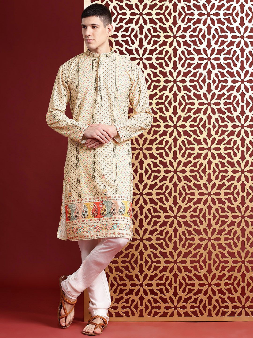 

MANQ Geometric Printed Mandarin Collar Thread Work Straight Kurta, Yellow