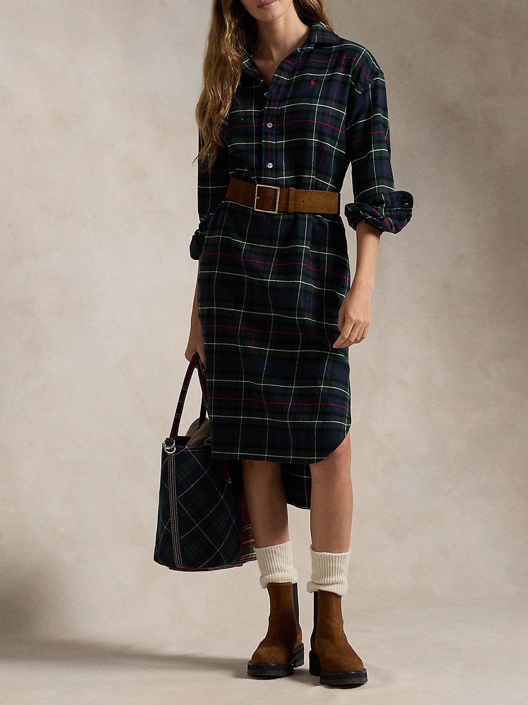 

Polo Ralph Lauren Checked Pure Cotton Shirt Midi Dress, Navy blue