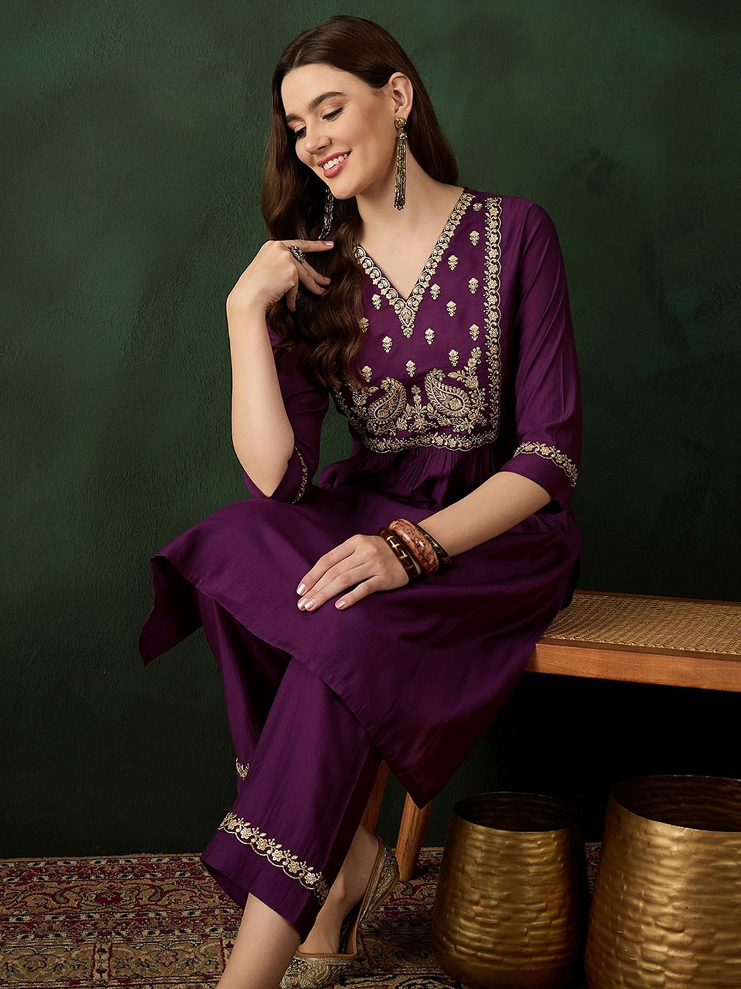 

Sangria Women Embroidered A-Line Kurta Set, Purple