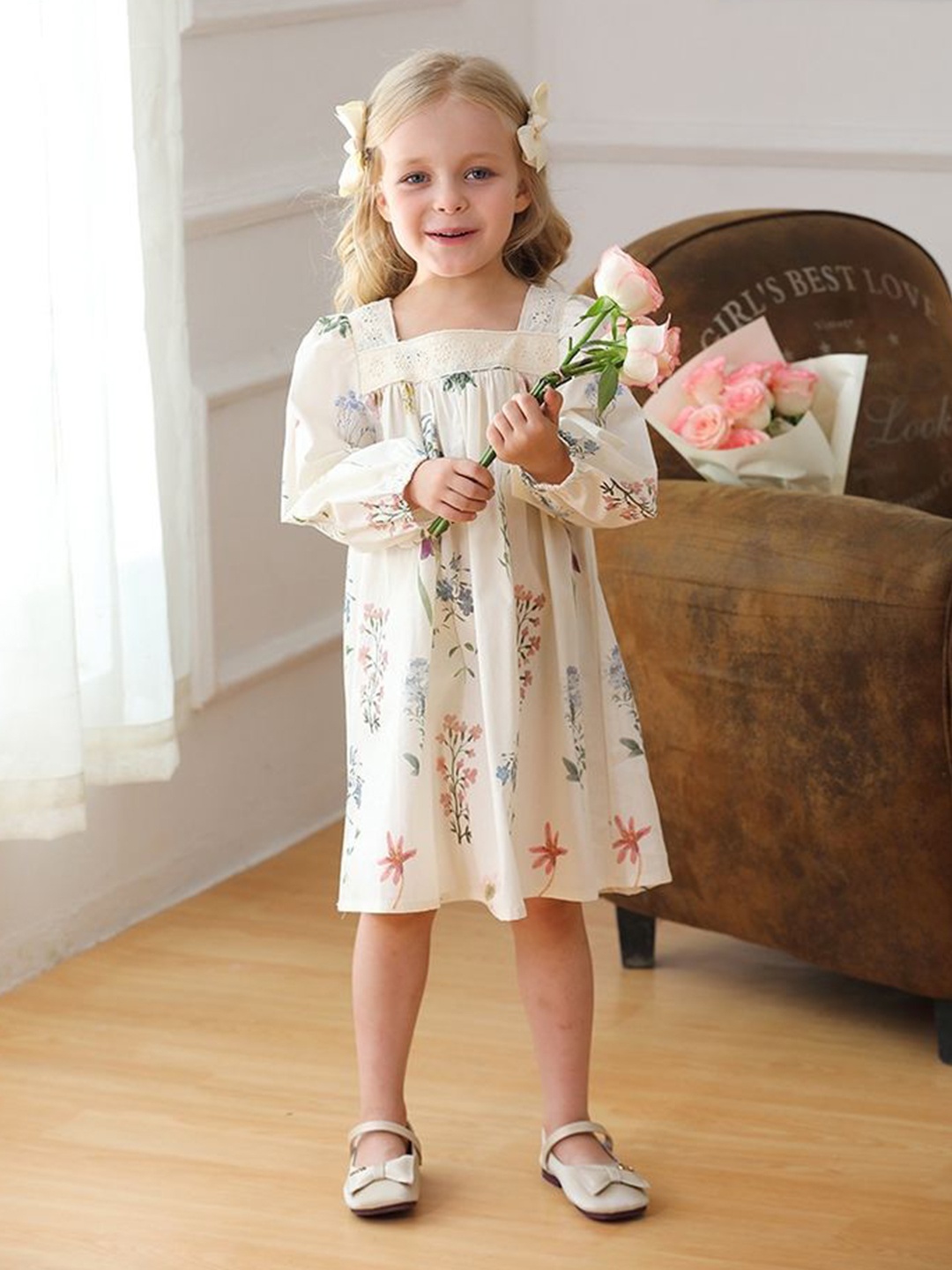 

LULU & SKY Girls Floral Print Flutter Sleeve A-Line Dress, Pink