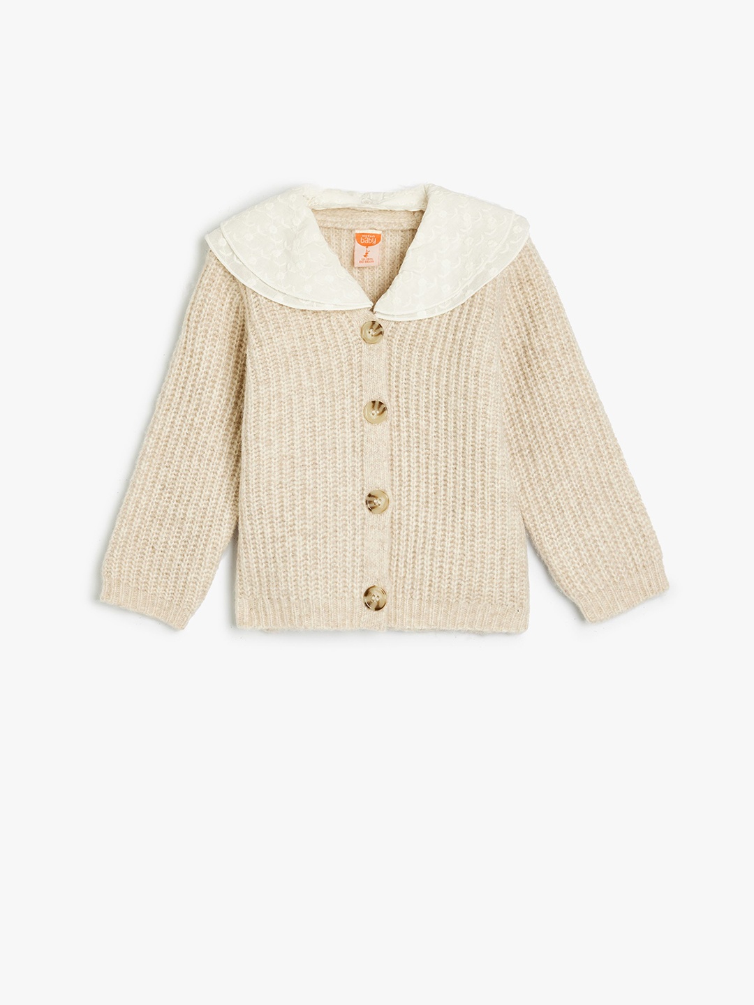 

Koton Girls Peter Pan Collar Self Design Cable Knit Cardigan, Beige