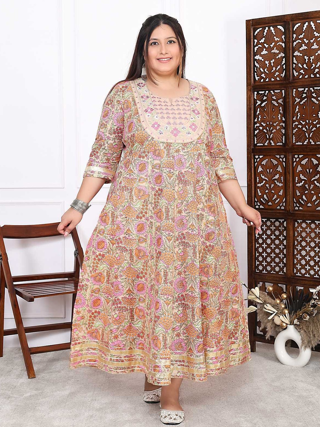 

FLAVIA CREATION Women Plus Size Floral Printed Yoke Design Pure Cotton Anarkali Kurta, Beige