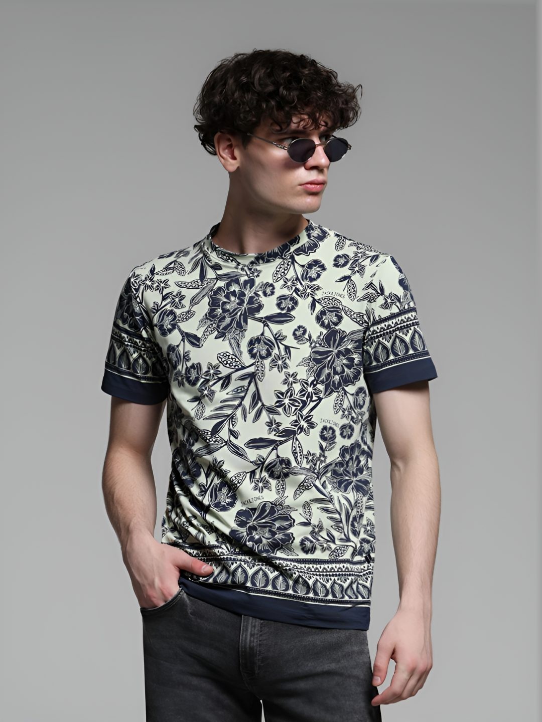 

Jack & Jones Men Floral Printed Round Neck Cotton T-shirt, White