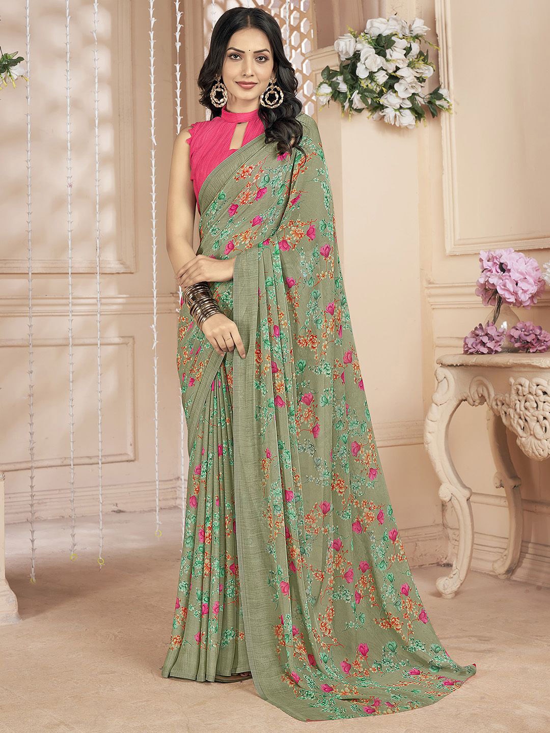 

KALINI Floral Poly Chiffon Bagru Saree With Matching Blouse, Sea green