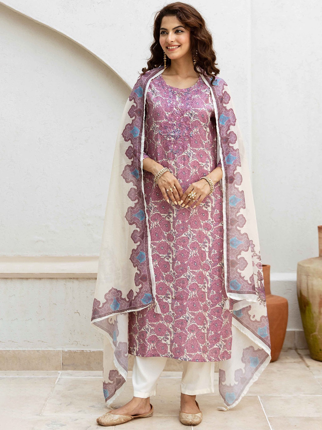 

KALINI Women Floral Printed Regular Kurta with Trousers & With Dupatta, Pink