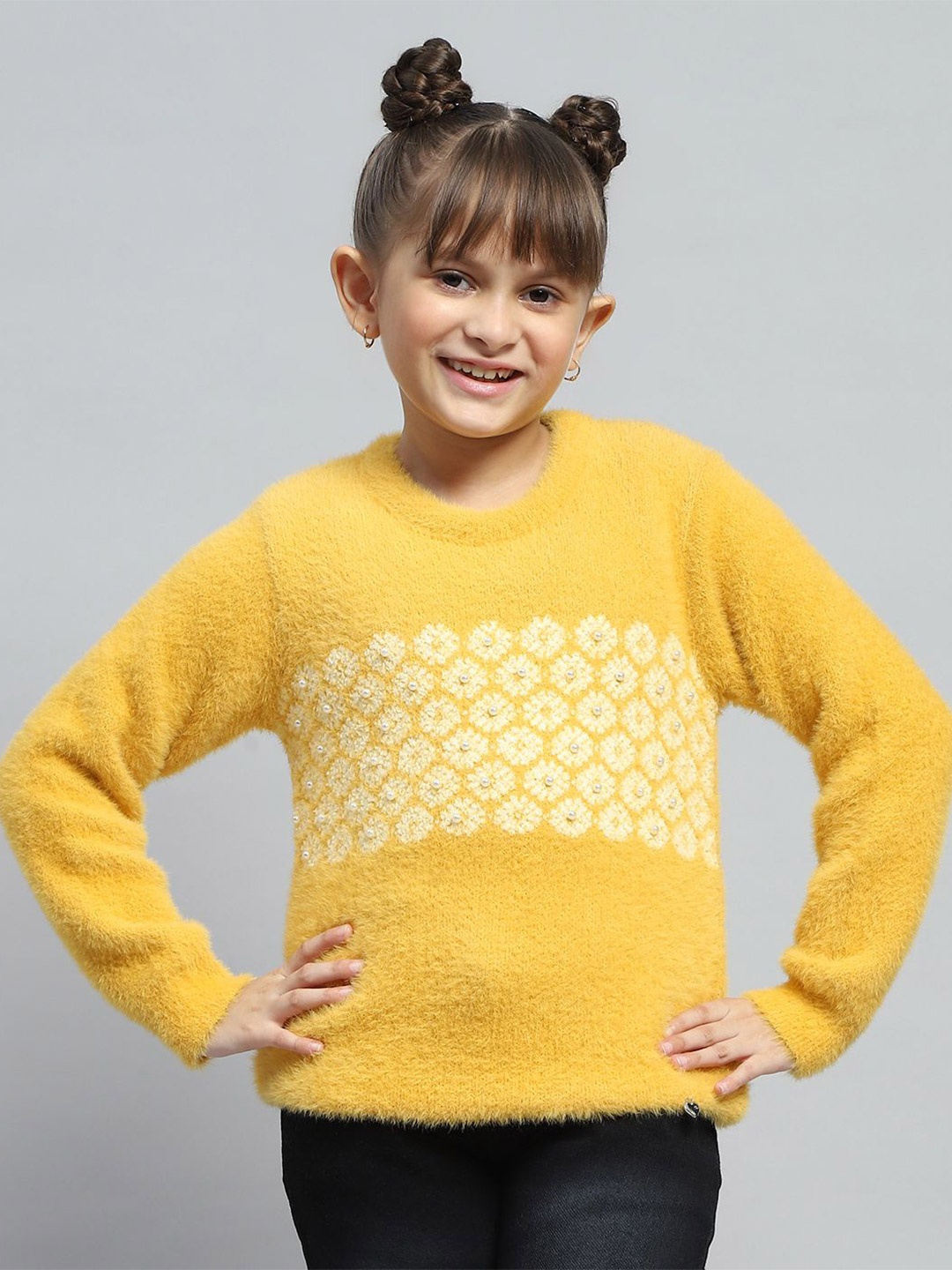 

Monte Carlo Girls Floral Printed Woollen Pullover, Mustard